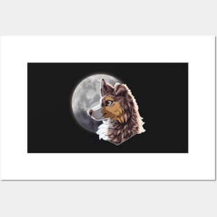 Tricolor Lilac Merle Border Collie with Night Sky Full Moon Posters and Art